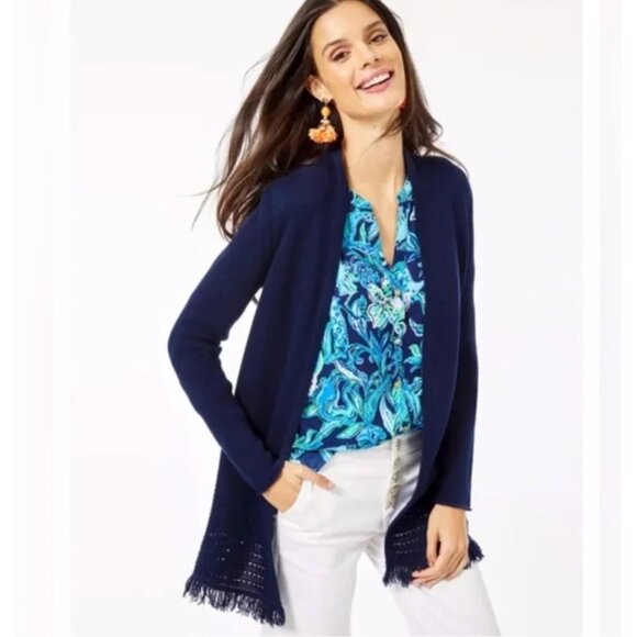 Lilly Pulitzer Noble Navy Blue Fringe Trim Open Front Cardigan Sweater M